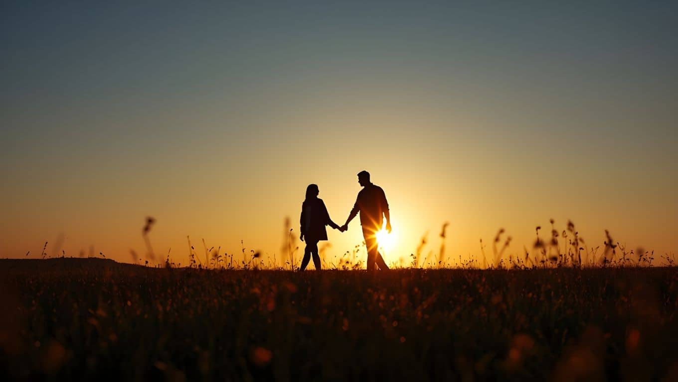 Pareja paseando en una puesta de sol